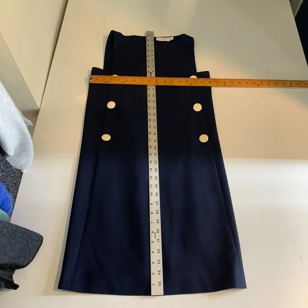 Tory Burch Dress Women 0 Navy Suiting Double Lined Side Buttons Sleeveless Shift